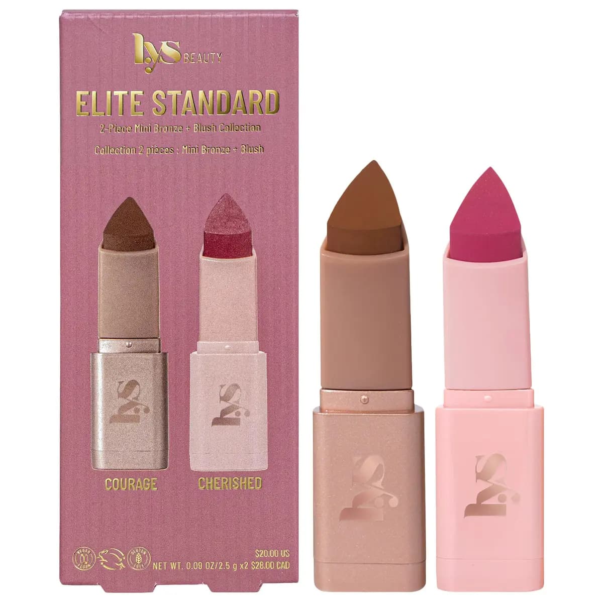 Elite Standard set in Courage with Cherished: pink box beside a warm brown bronzer stick and pink blush stick