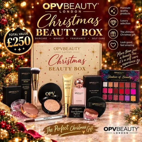 Festive display of OPV Beauty Christmas Beauty Box contents arranged beside packaging with £250 total value badge.