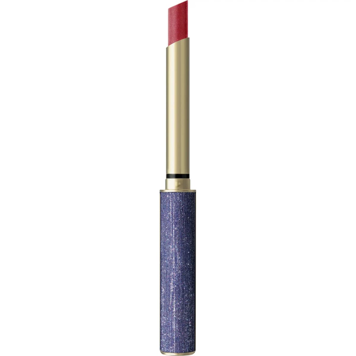Peptide Glow Lip Balm with shimmering red bullet in a slim gold sleeve and sparkly navy base