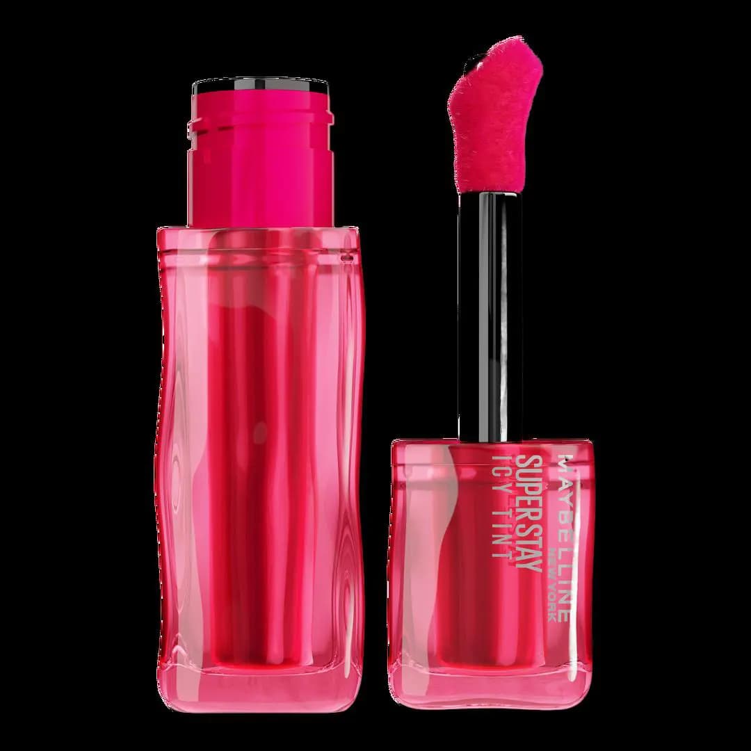 Maybelline Super Stay Icy Tint liquid lip tint in a hot pink wavy bottle, open with pink flocked doe-foot applicator