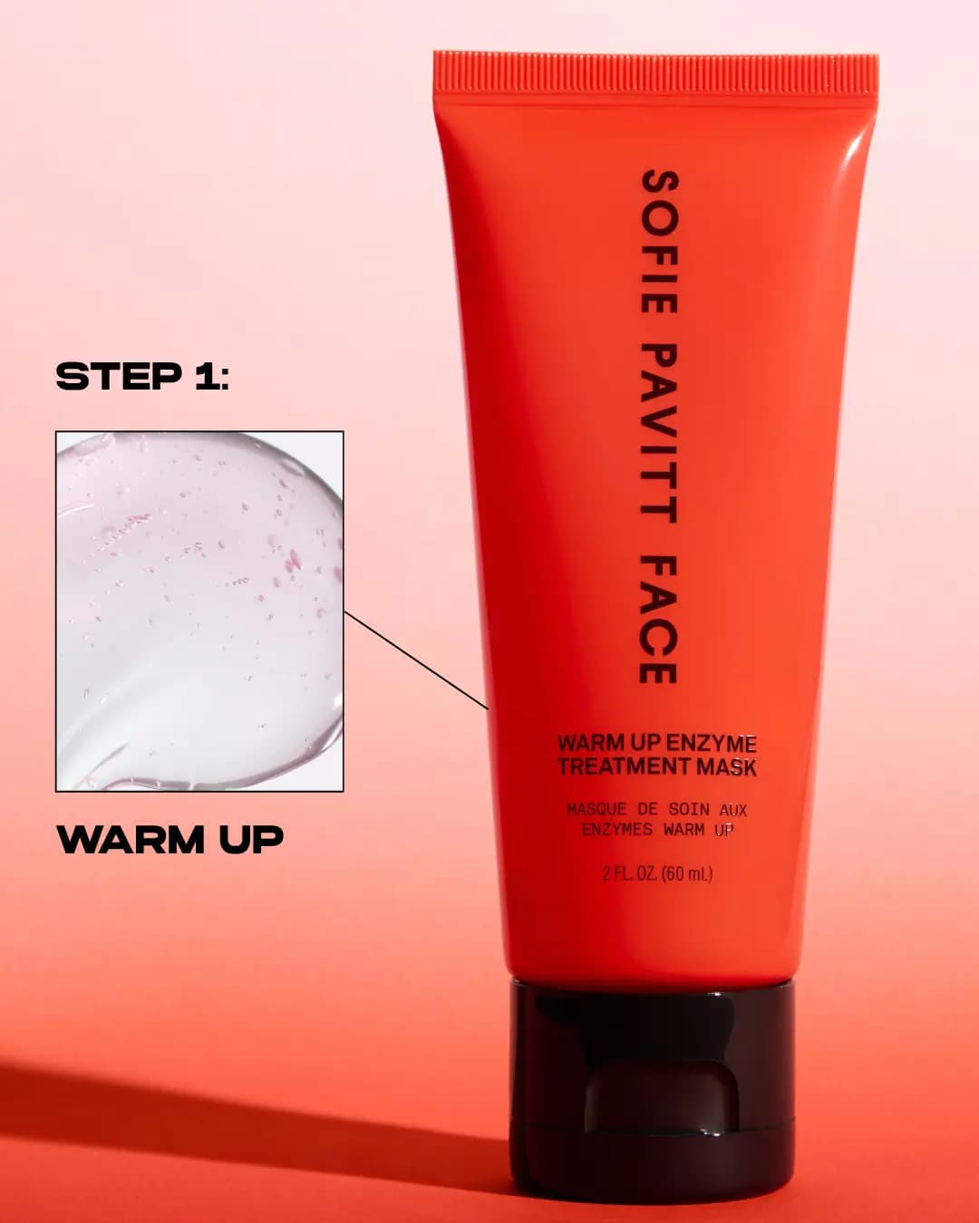 Red Warm Up Enzyme Treatment Mask tube beside a clear pink-tinged gel swatch labelled Step 1: Warm Up