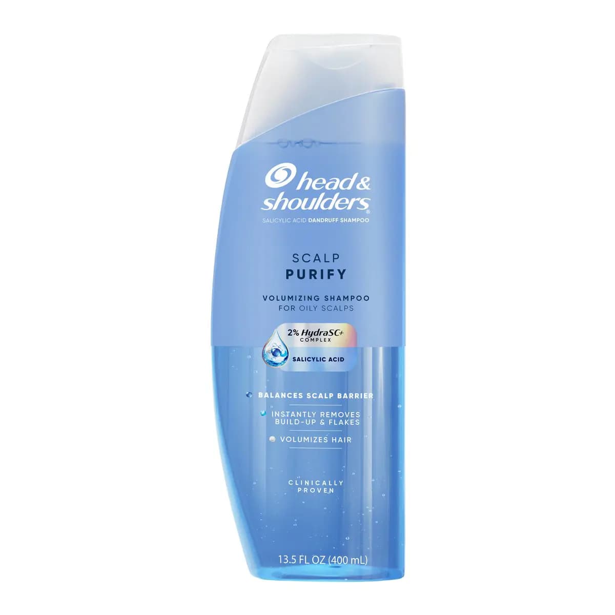 Scalp Purify Volumizing Shampoo for oily scalps in a curved translucent blue bottle with a clear flip cap
