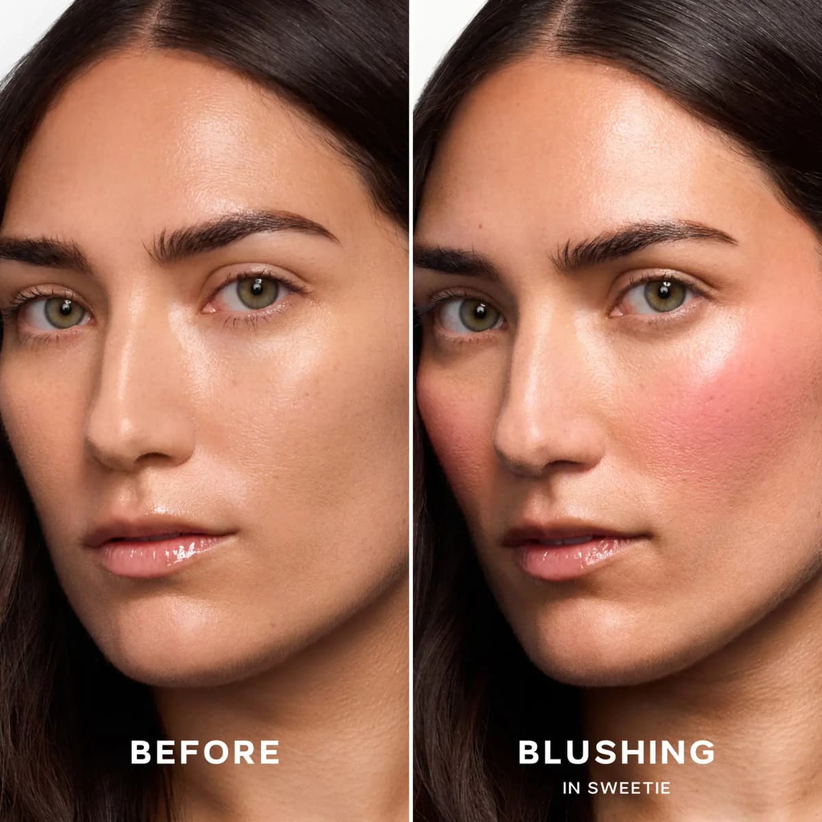 Before-and-after of a dark-haired model's cheek showing a soft pink flush from Dew Blush in Sweetie