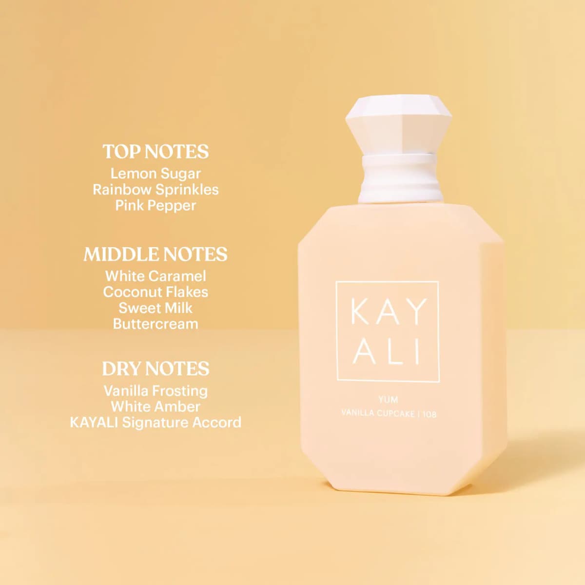 Cream bottle on peach backdrop beside a list of top, middle and dry notes, from lemon sugar to vanilla frosting