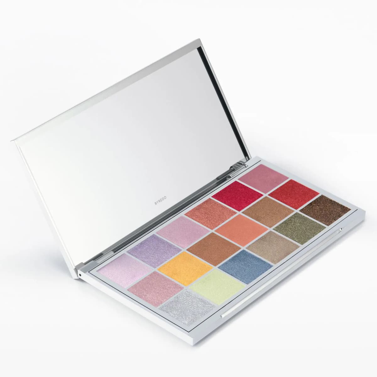 Angled view of the silver palette with mirrored lid raised over shimmering pinks, reds, golds, blues and greens