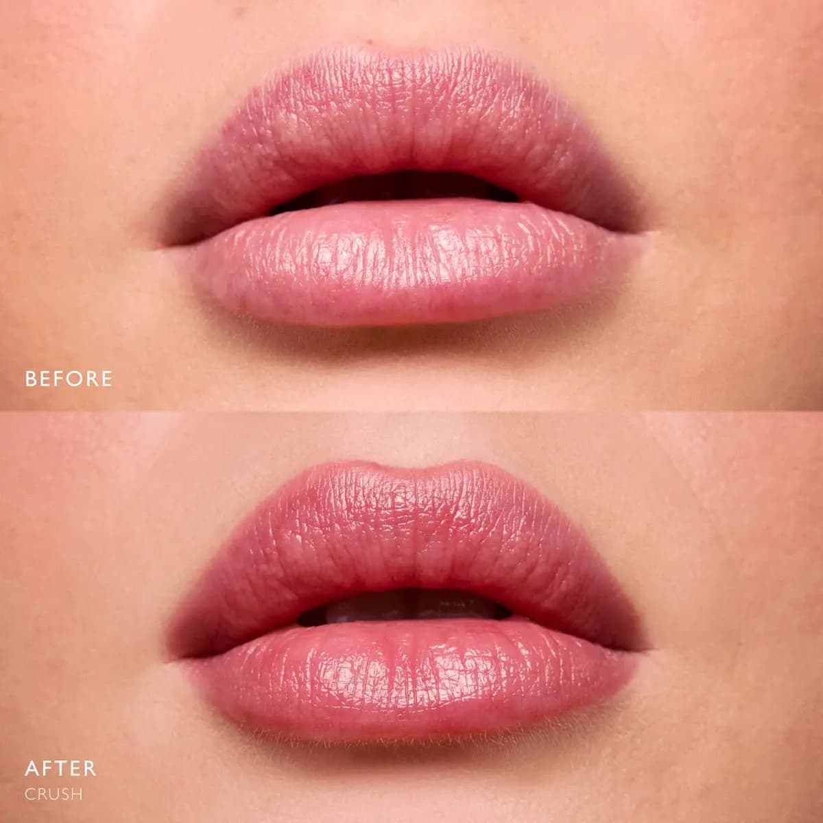 Before and after of pink lips wearing a sheer shiny berry rose wash of Crush