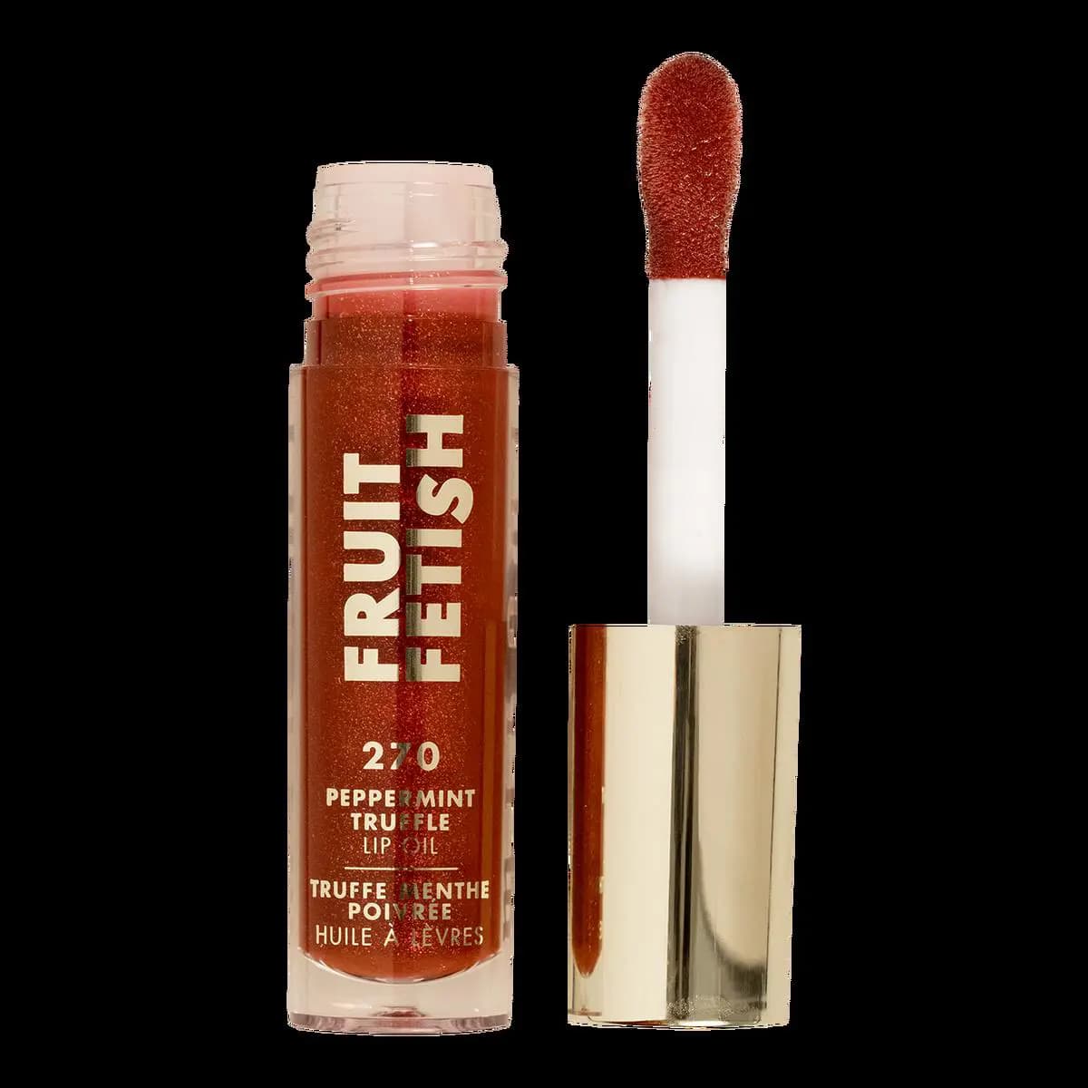 Open 270 Peppermint Truffle tube of brick-red shimmer oil with a red-tipped applicator on a gold cap