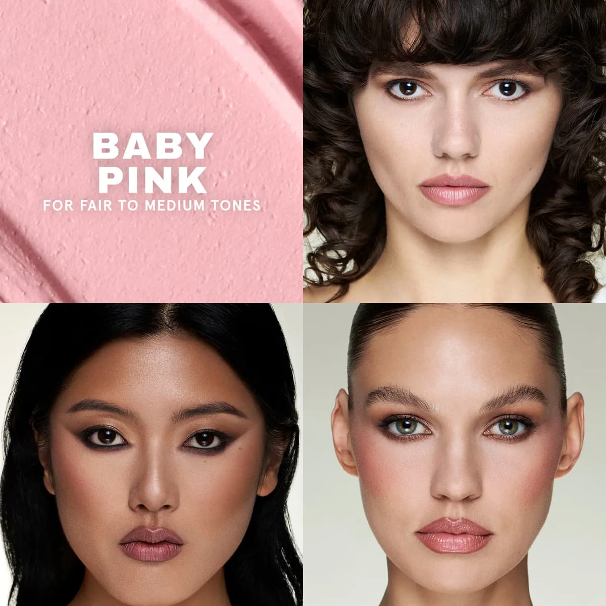 Baby Pink cream texture labelled for fair to medium tones, shown with three made-up models
