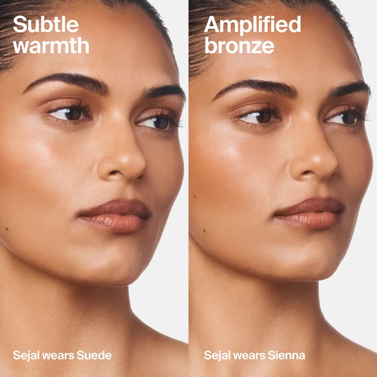 Side-by-side of model Sejal wearing shade Suede for subtle warmth and shade Sienna for amplified bronze