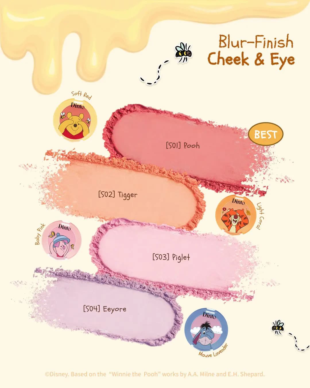 Cheek & Eye powders S01 Pooh, S02 Tigger, S03 Piglet and S04 Eeyore in soft red, coral, pink and lavender swatches