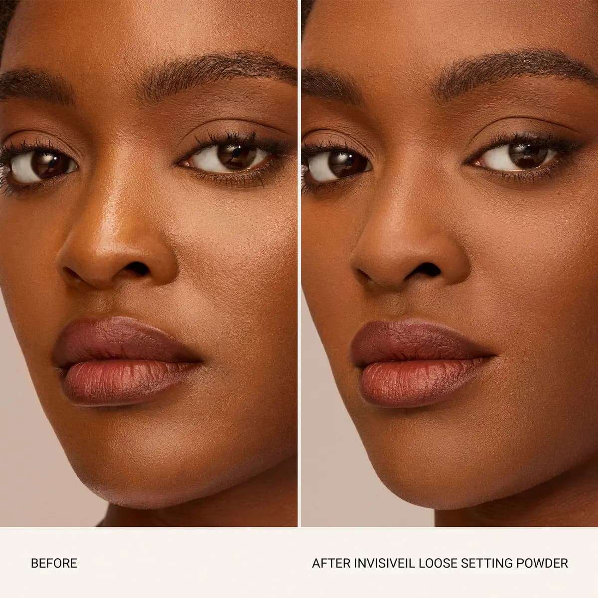 Before-and-after close-up of a deep-skinned model showing a shinier face, then a smoother, matte finish