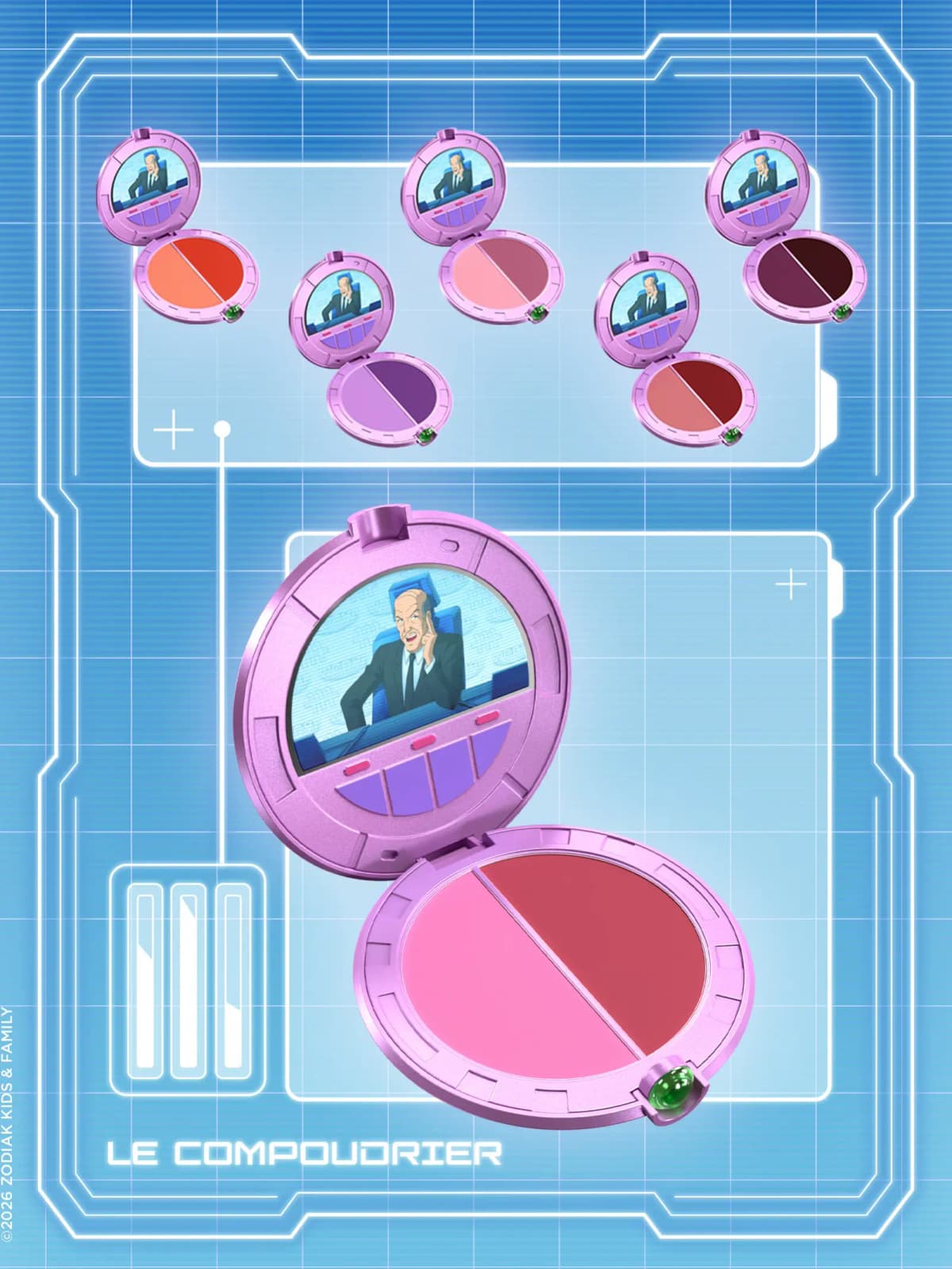 Six open pink round compact blush duos in various shades displayed on blue tech-grid background with LE COMPOUDRIER label.