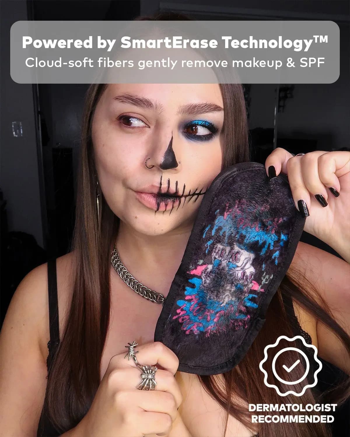Woman in half-skeleton face paint holding a pink-and-blue Liquid Death eraser, noting SmartErase Technology