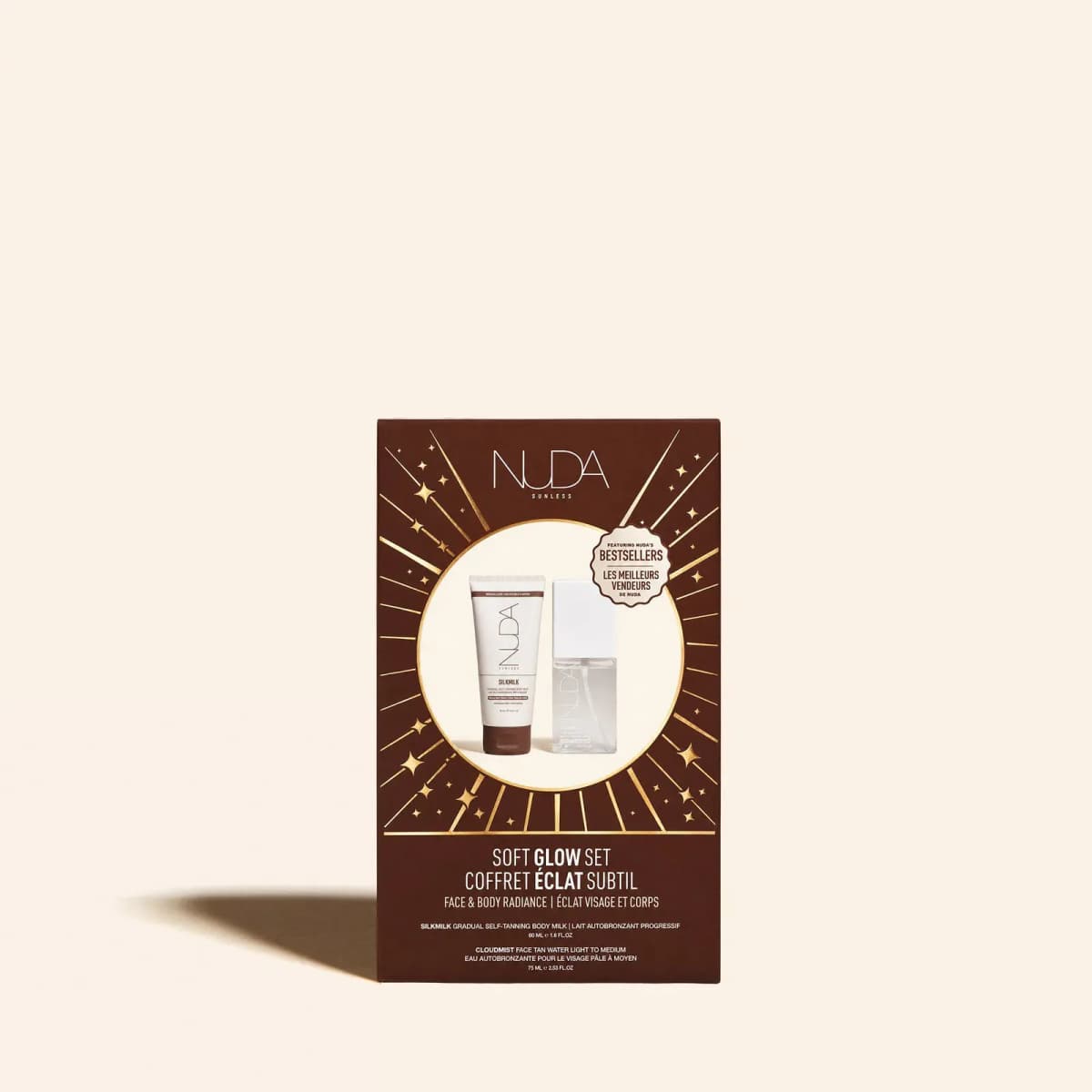 NUDA Soft Glow Set in a brown starburst box with SilkMilk tube and CloudMist bottle and a Bestsellers badge.