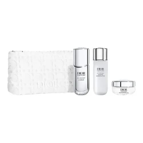 White Cannage-embossed DIOR pouch with Dior Capture serum, essence lotion and a small jar of cream