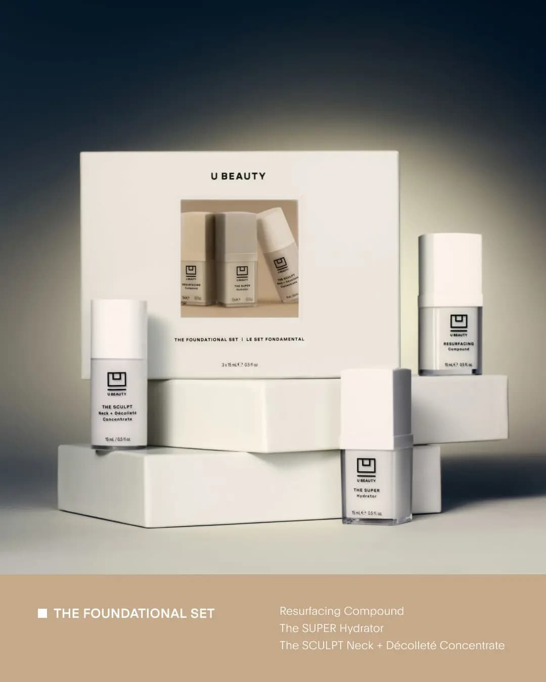 U Beauty Foundational Set box with Resurfacing Compound, The SUPER Hydrator and The SCULPT bottles posed on white blocks