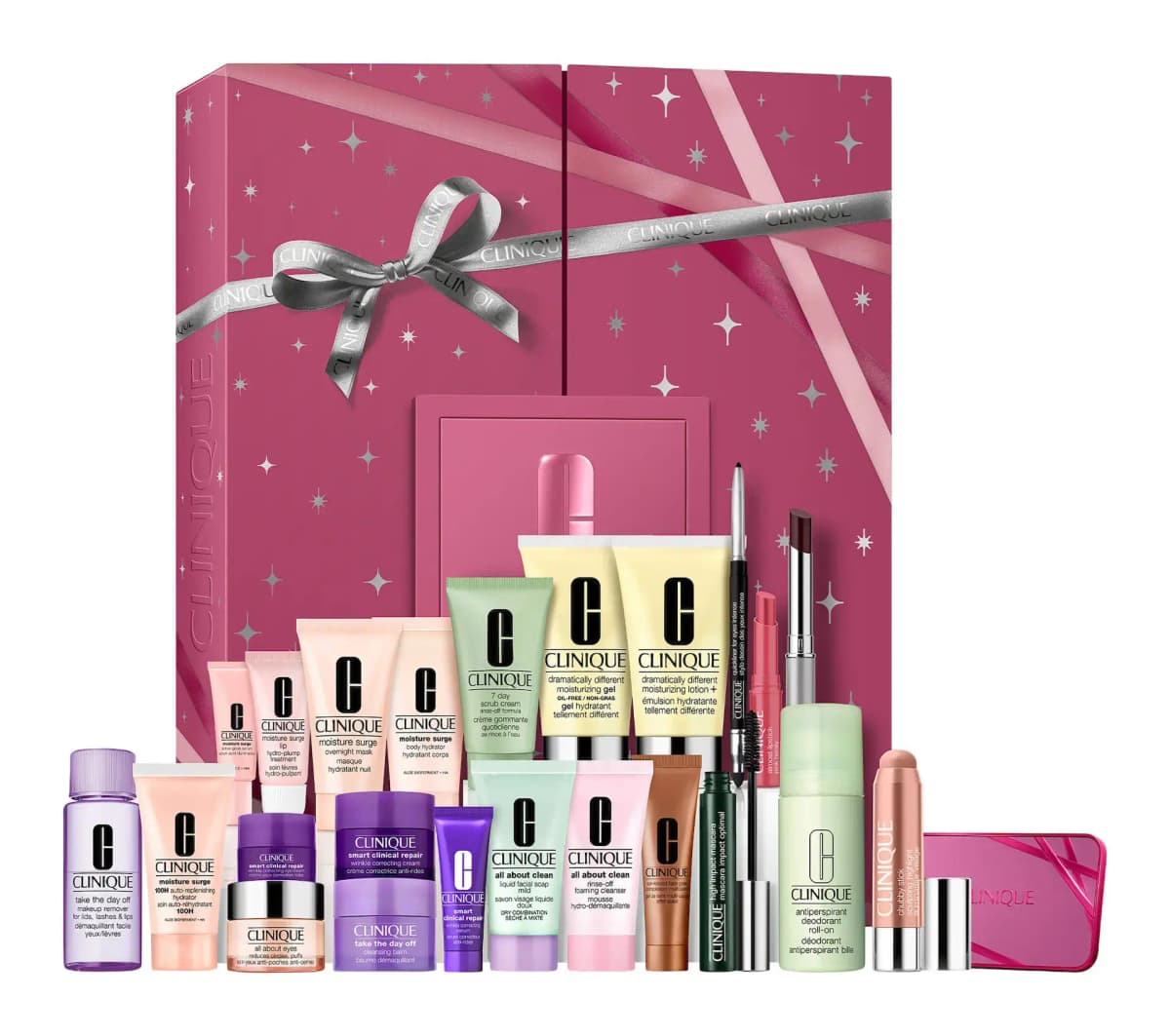 Clinique advent calendar in berry pink box with silver bow, surrounded by its skincare tubes, jars, mascara and lipsticks
