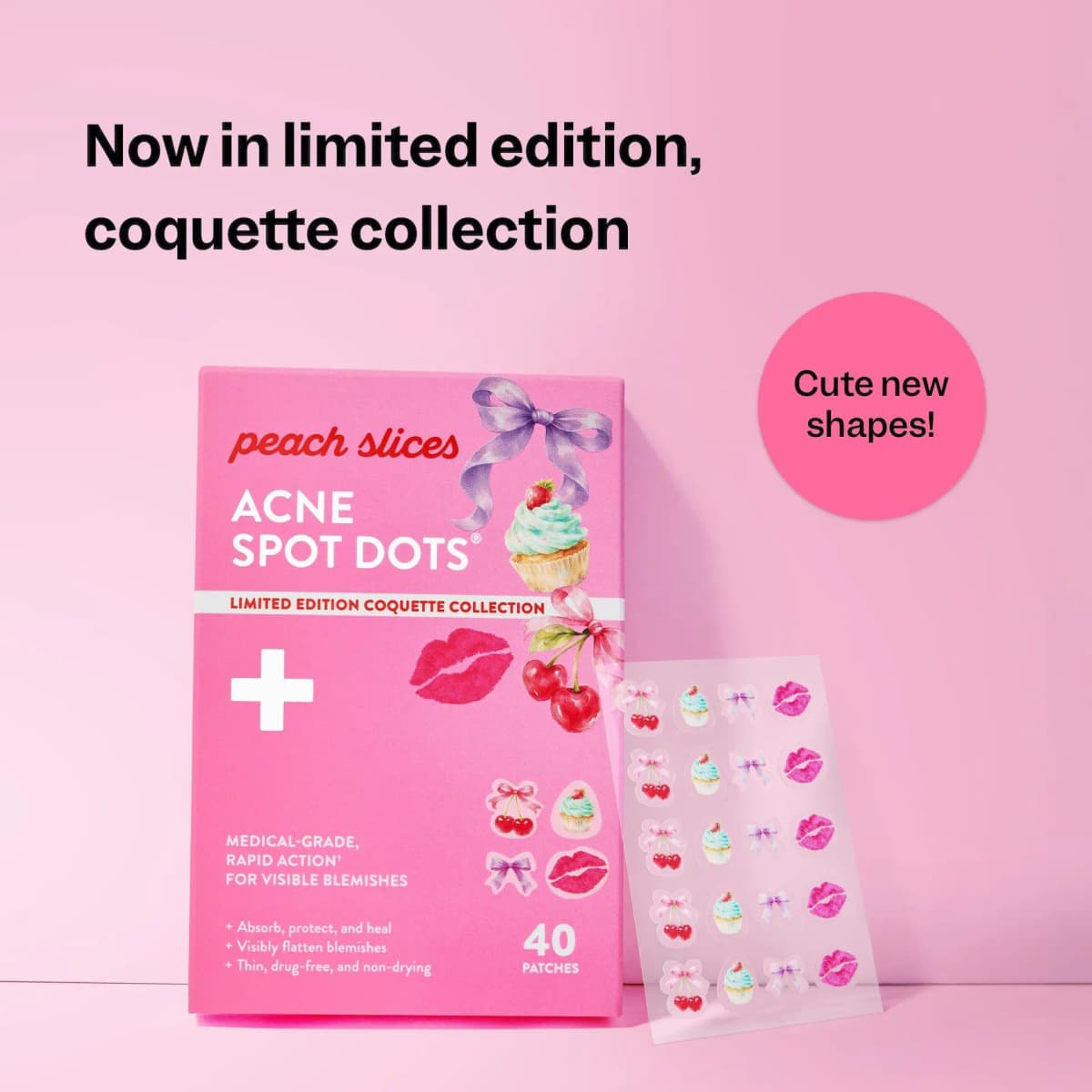Acne Spot Dots Coquette box leaning on pink wall with a patch sheet and a "Cute new shapes!" bubble