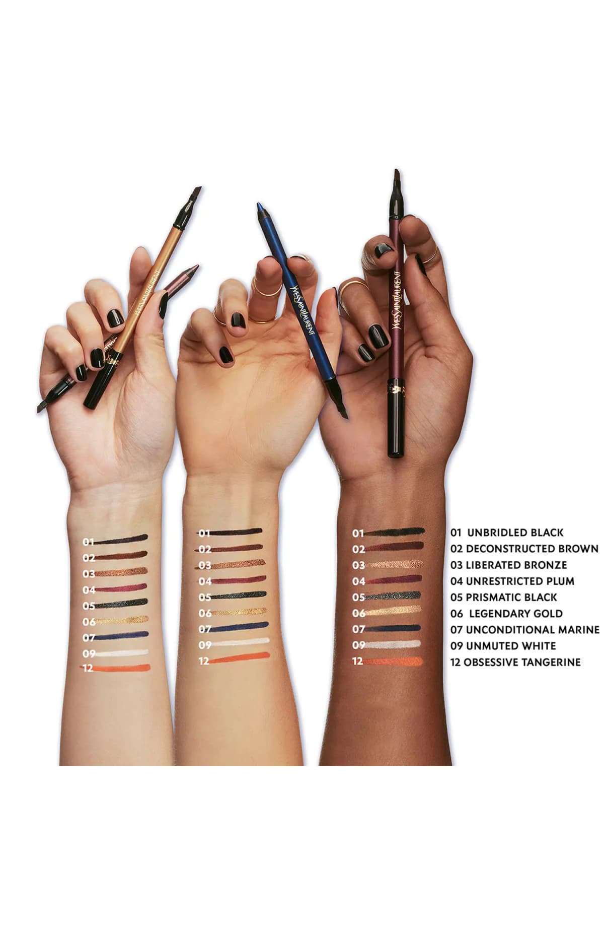 Three arms in light, medium and deep skin tones holding YSL pencils, with swatches of shades 01 to 12 labelled by name.