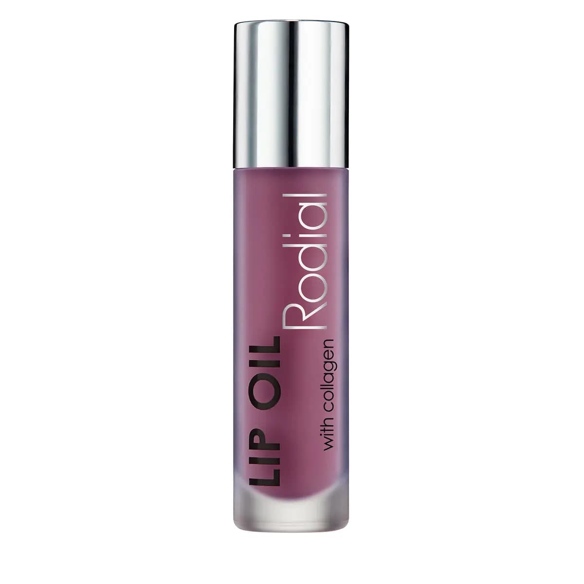 Rodial Lip Oil with Collagen in a frosted plum tube with a shiny silver cap on a white background