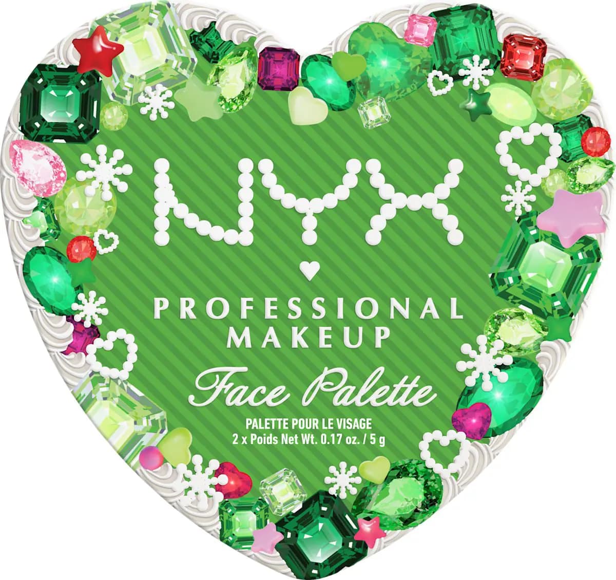 NYX Face Palette in heart-shaped green case decorated with emerald gems, snowflakes and pearl NYX logo.