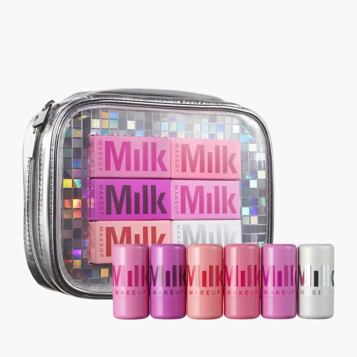 Mix + Mingle set: holographic zip pouch with six boxed full-size jelly sticks in pinks, coral and silver