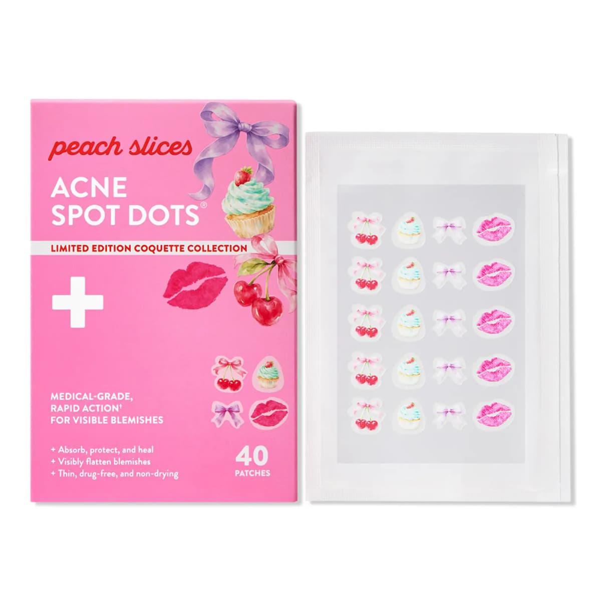 Pink Acne Spot Dots Coquette Collection box beside a sheet of cherry, cupcake, bow and lips patches, 40 patches