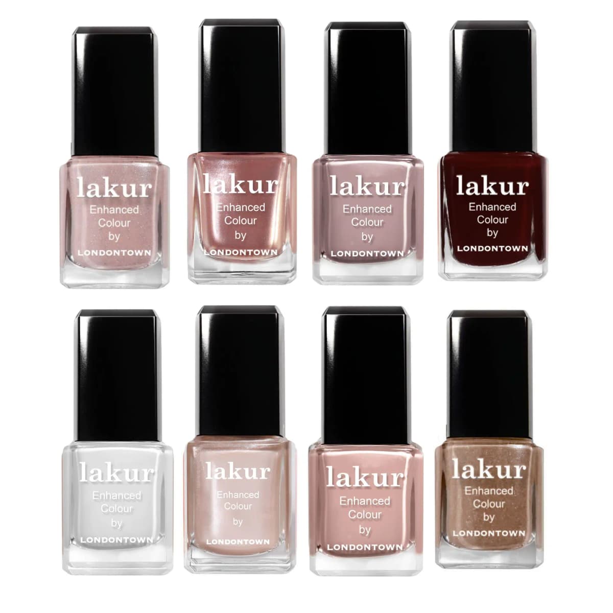 Eight lakur mini bottles on white, from shimmery pinks and nudes to white, bronze and deep merlot