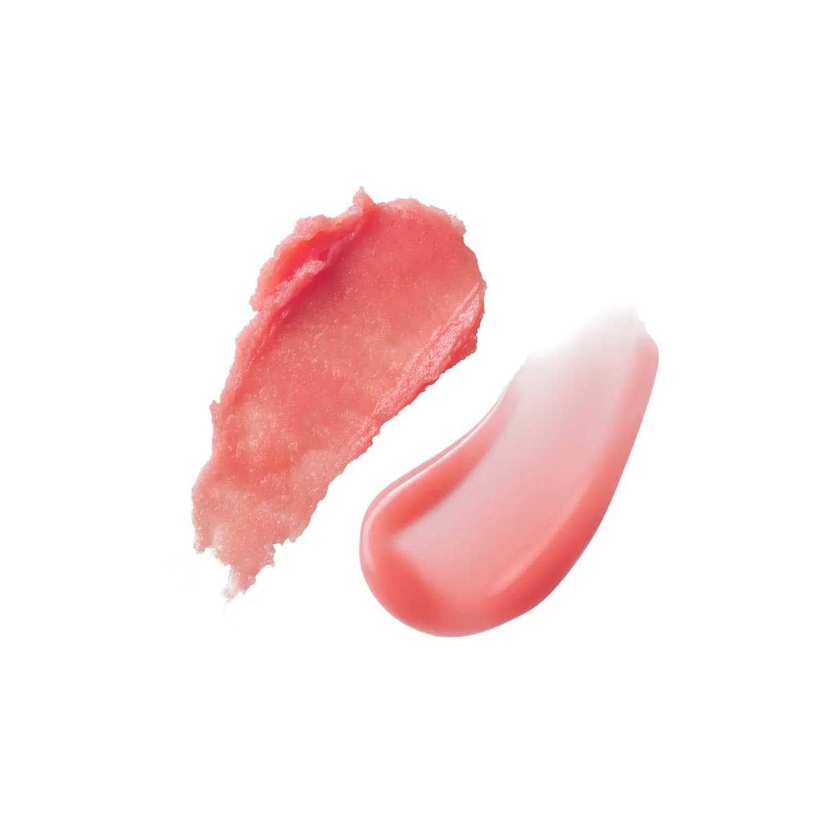 Two coral swatches on white: a grainy sugar scrub smear next to a smooth, glossy gel swipe.