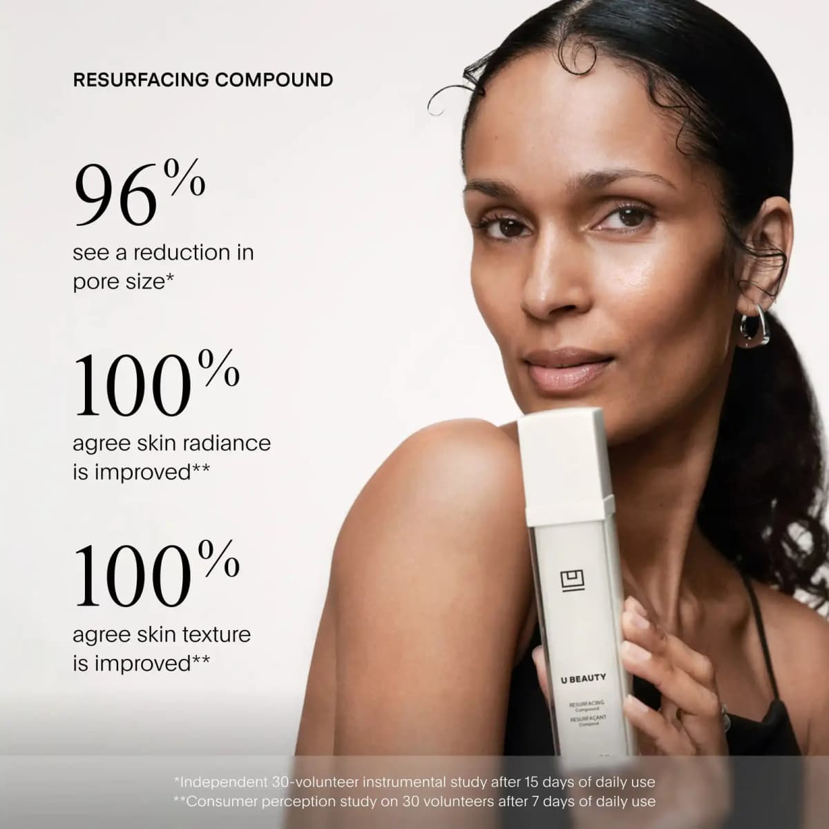 Woman with dark slicked-back hair holding a Resurfacing Compound bottle beside pore, radiance and texture stats