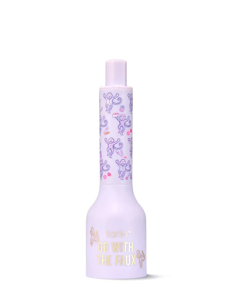 Tarte Go With The Faux in lilac bottle-shaped packaging with gold lettering and lavender monkey print