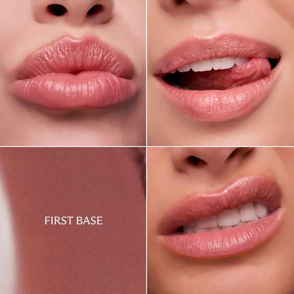 First Base swatch grid showing a sheer glossy mauve-pink on lips and a muted rosy swatch