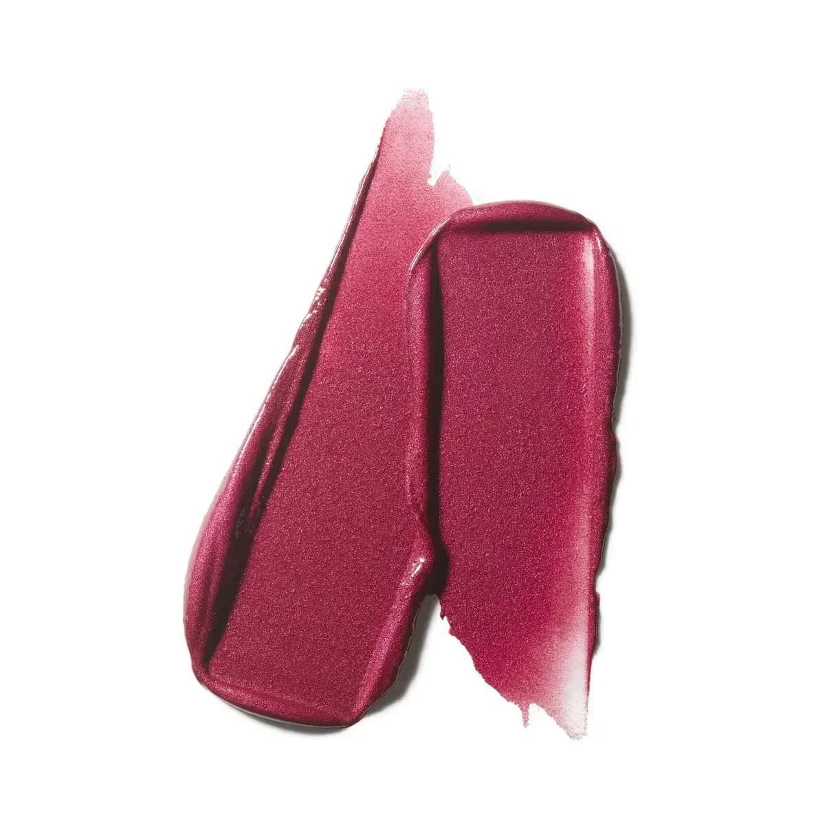 Two smeared berry-red lipstick swatches showing a shimmering pearl finish on white