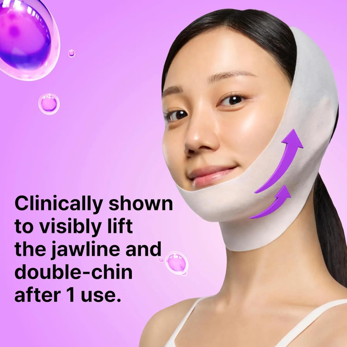 Woman wearing a white wraparound chin mask with purple upward arrows and text about clinically lifting the jawline.