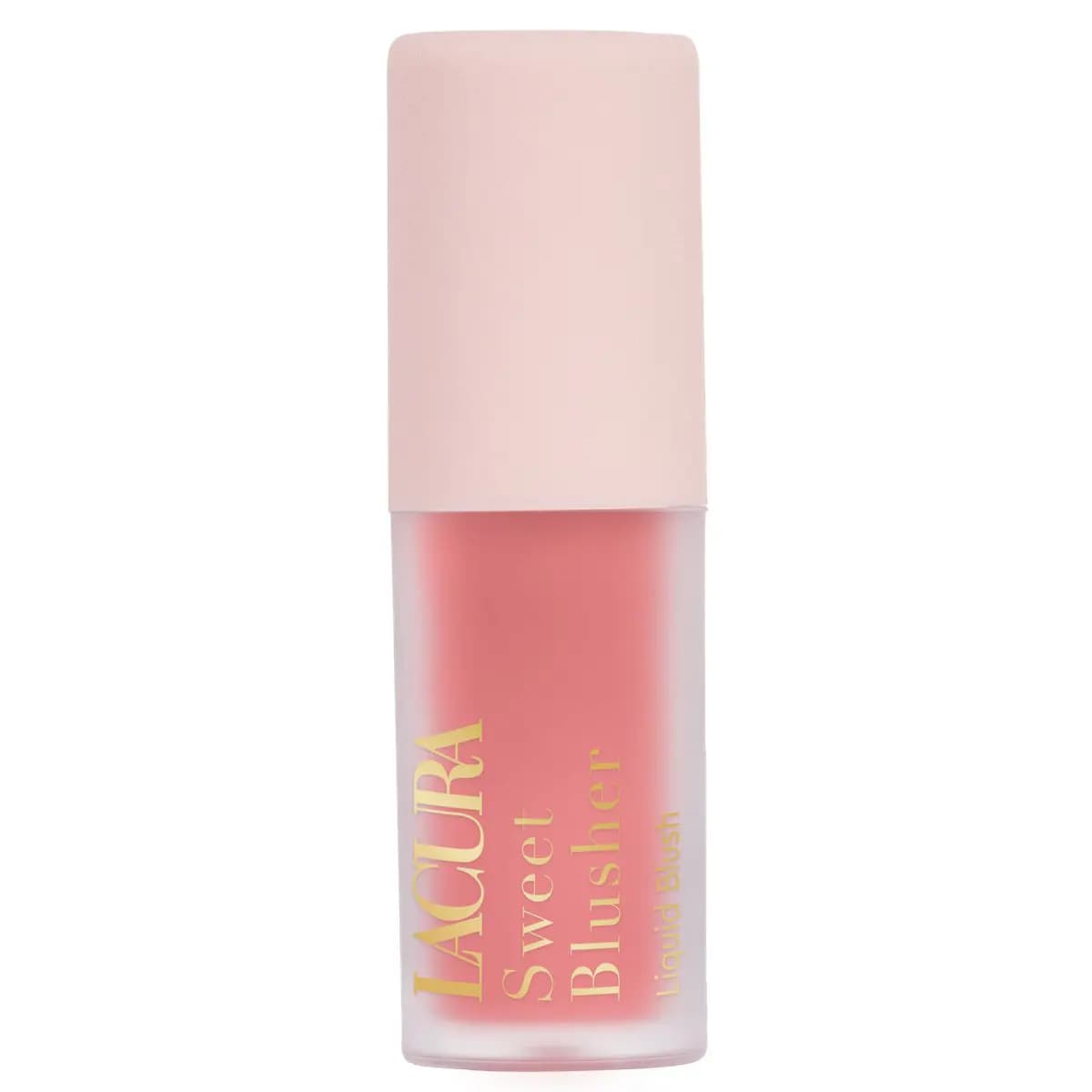 Lacura Sweet Blusher liquid blush in a frosted bottle showing a coral-pink shade under a matte pink cap
