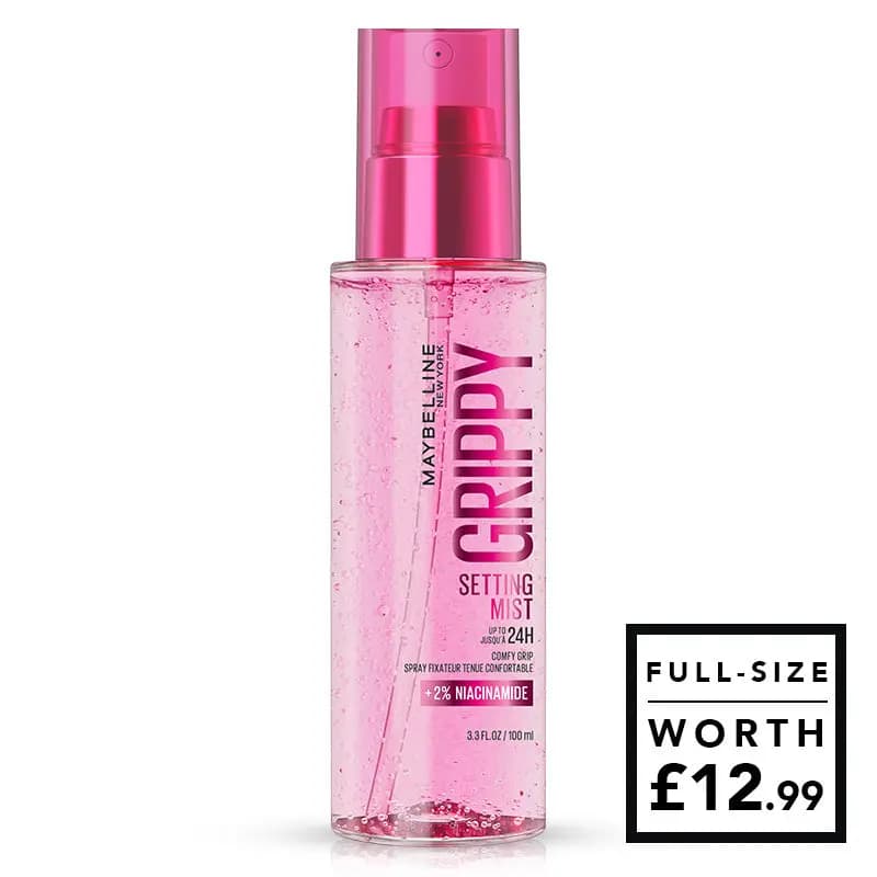 Maybelline Grippy Setting Mist in a clear pink 100ml bottle with pink cap, full-size worth £12.99
