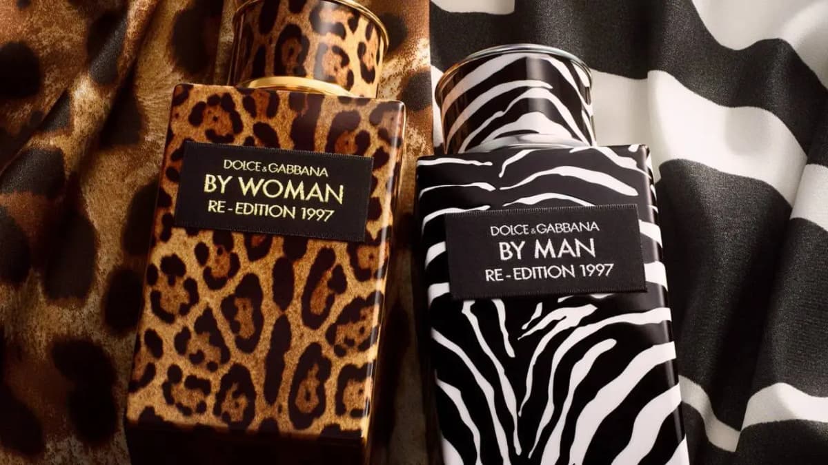 Dolce&Gabbana By Woman and By Man Re-Edition Eau de Parfum bottles in leopard and zebra print on matching animal-print satin
