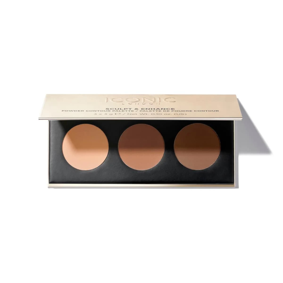 Open Iconic London Sculpt & Enhance powder contour palette with three matte brown shades in a gold case