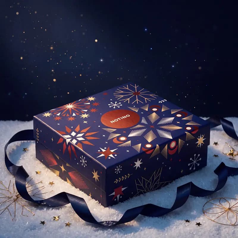 Navy Notino advent calendar box with red and gold starburst pattern set on snow with dark blue ribbon and gold stars