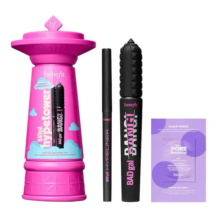 Benefit BADgal Hypetower pink tower box with BADgal Hypeliner, BADgal BANG! mascara and Get Unblocked sachet