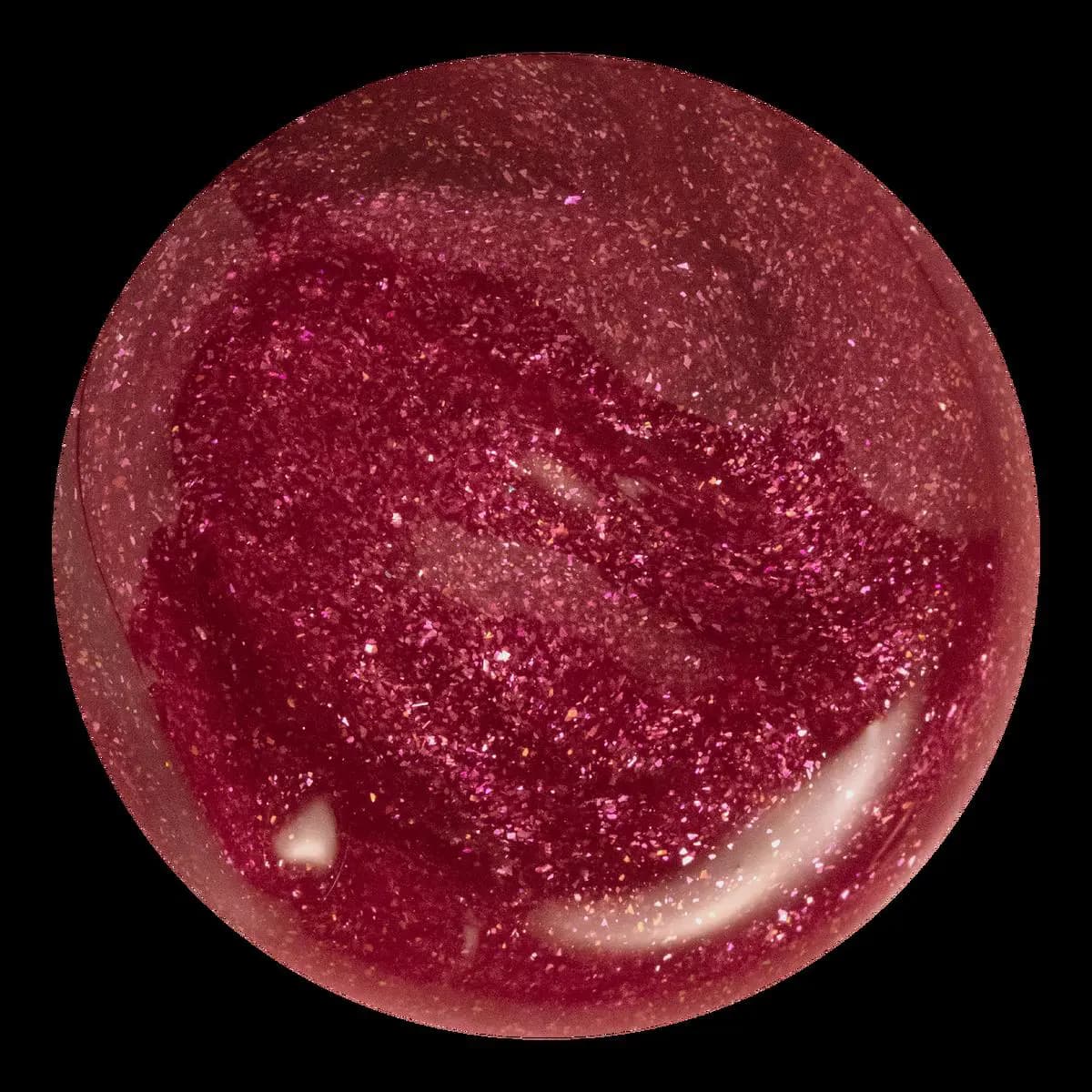 Close-up swatch of berry-pink lip oil dense with pink and gold glitter
