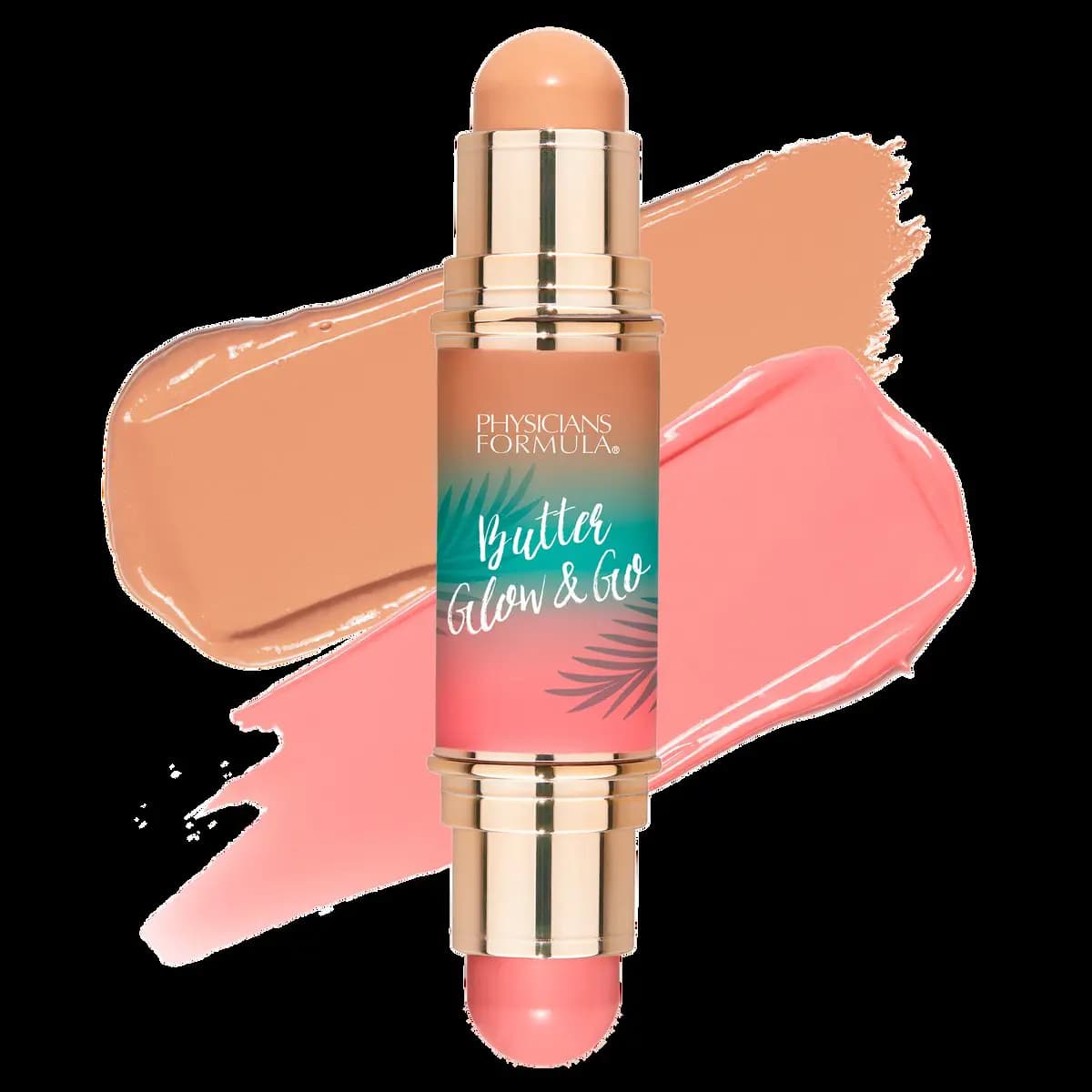 Dual-ended stick with tan bronze end and pink blush end atop matching cream swatches