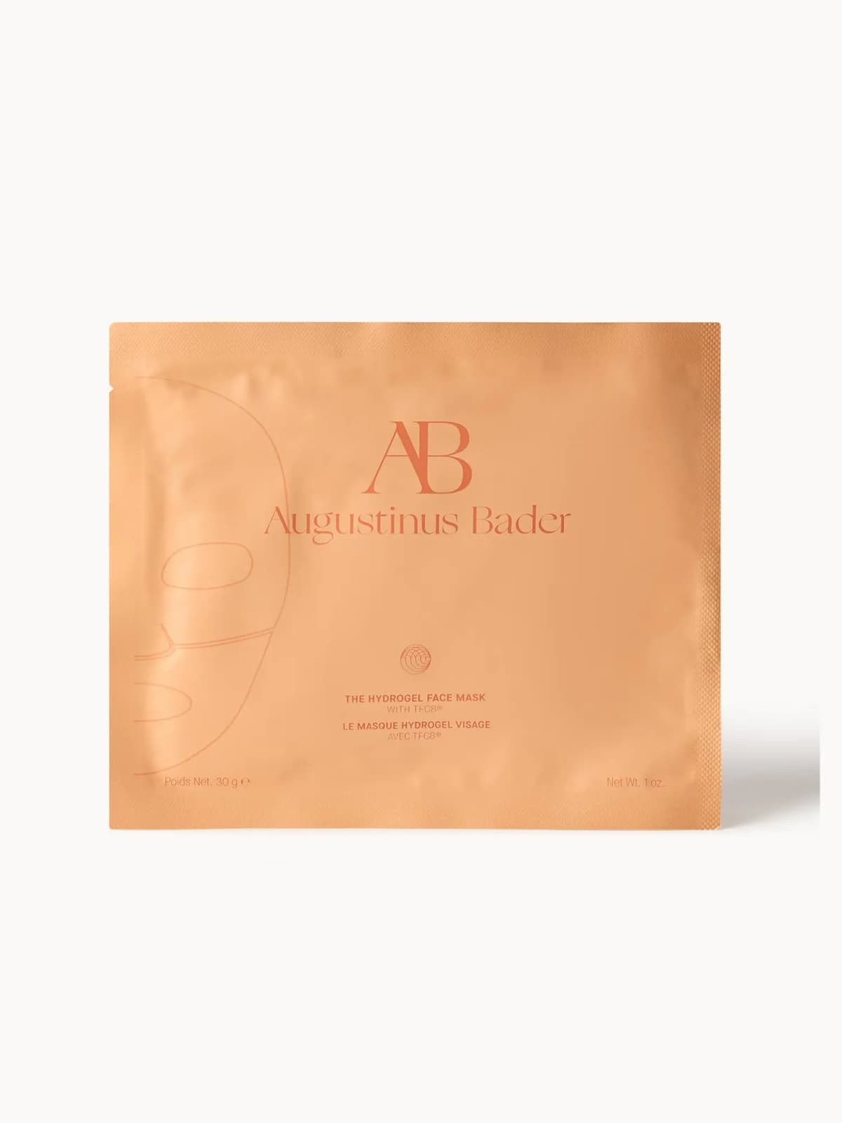 Augustinus Bader The Hydrogel Face Mask sachet in peach foil with a face outline