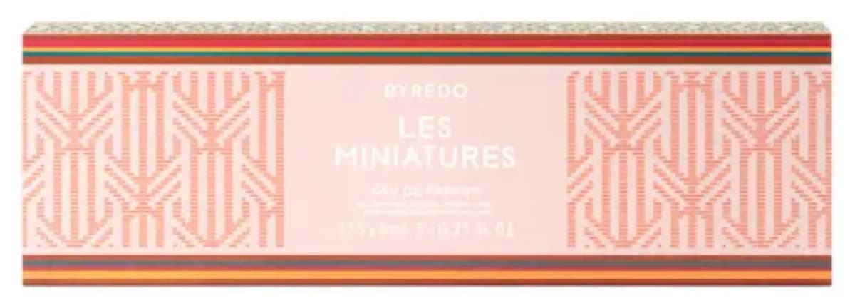 Pink Les Miniatures box with woven-style pattern and red, orange and green striped borders
