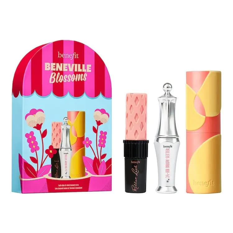 Benefit Beneville Blossoms flower-shop box with Roller Lash mascara, 24-HR Brow Setter and coral-yellow Juice Stick