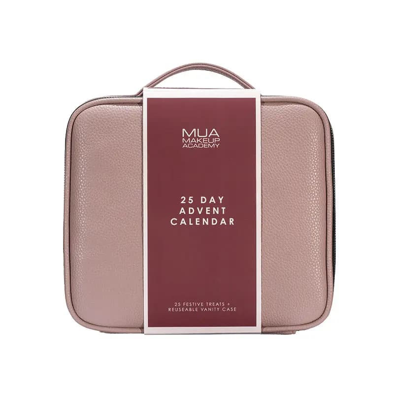 Front of the MUA 25 Day Advent Calendar: a pink pebbled vanity case with a burgundy band, on white background.