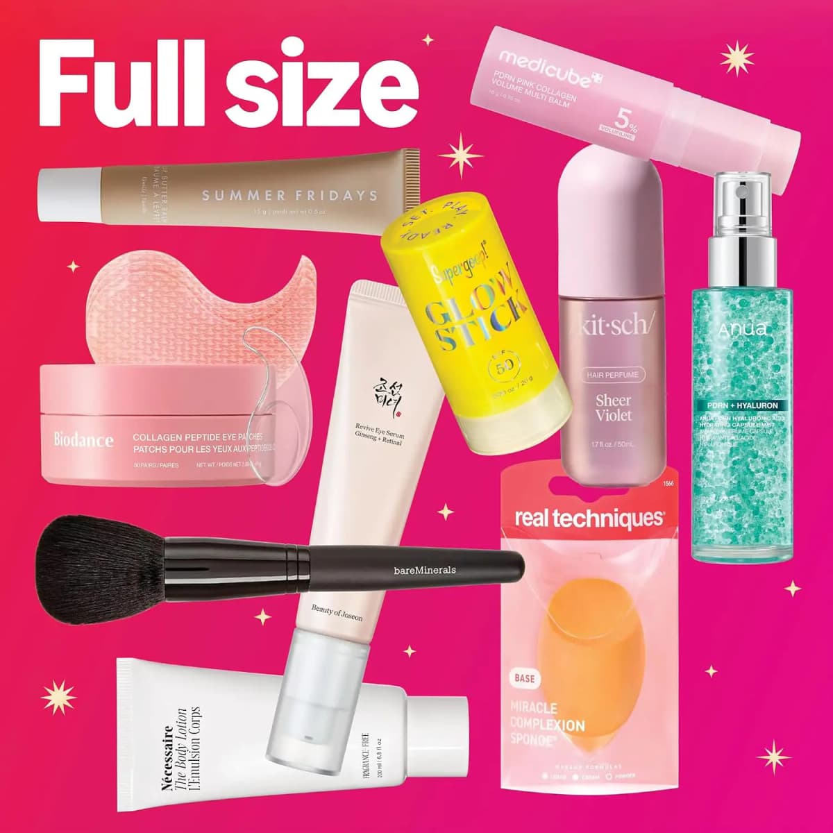 Full-size items incl. Summer Fridays lip balm, Supergoop Glow Stick, Anua mist, Biodance eye patches and bareMinerals brush