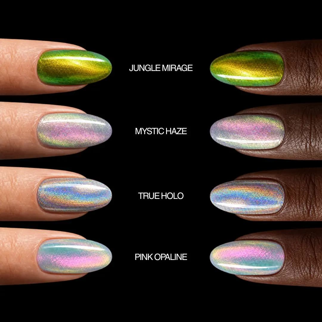 Jungle Mirage, Mystic Haze, True Holo and Pink Opaline swatched on light and deep skin tone nails side by side