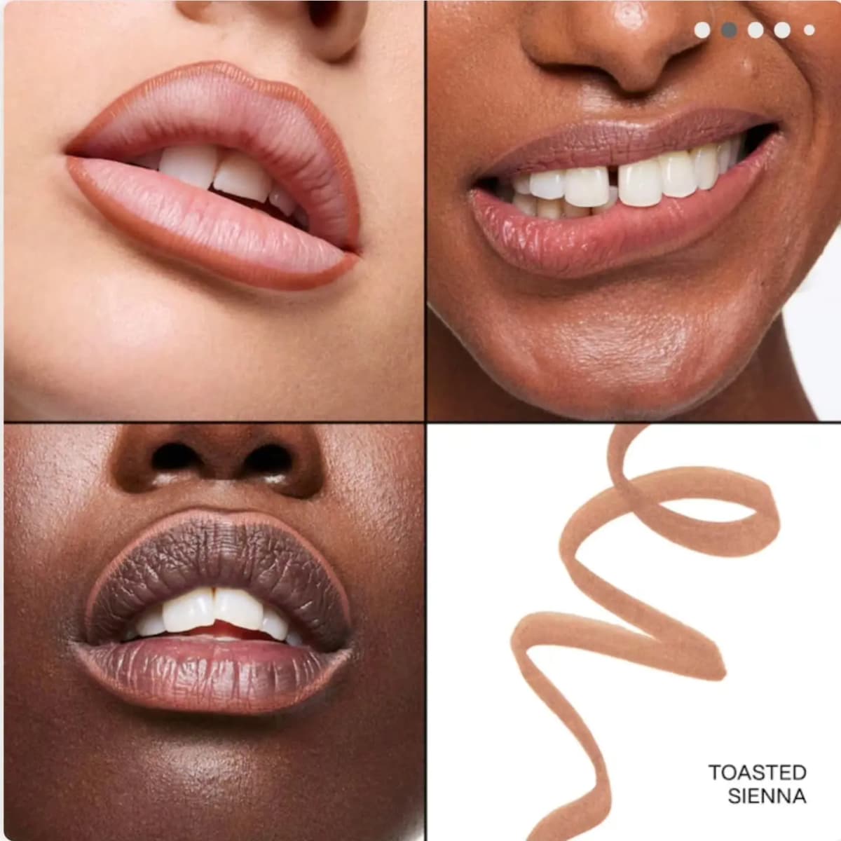 Toasted Sienna warm tan-brown liner on smiling and parted lips of three models, plus a spiral swatch