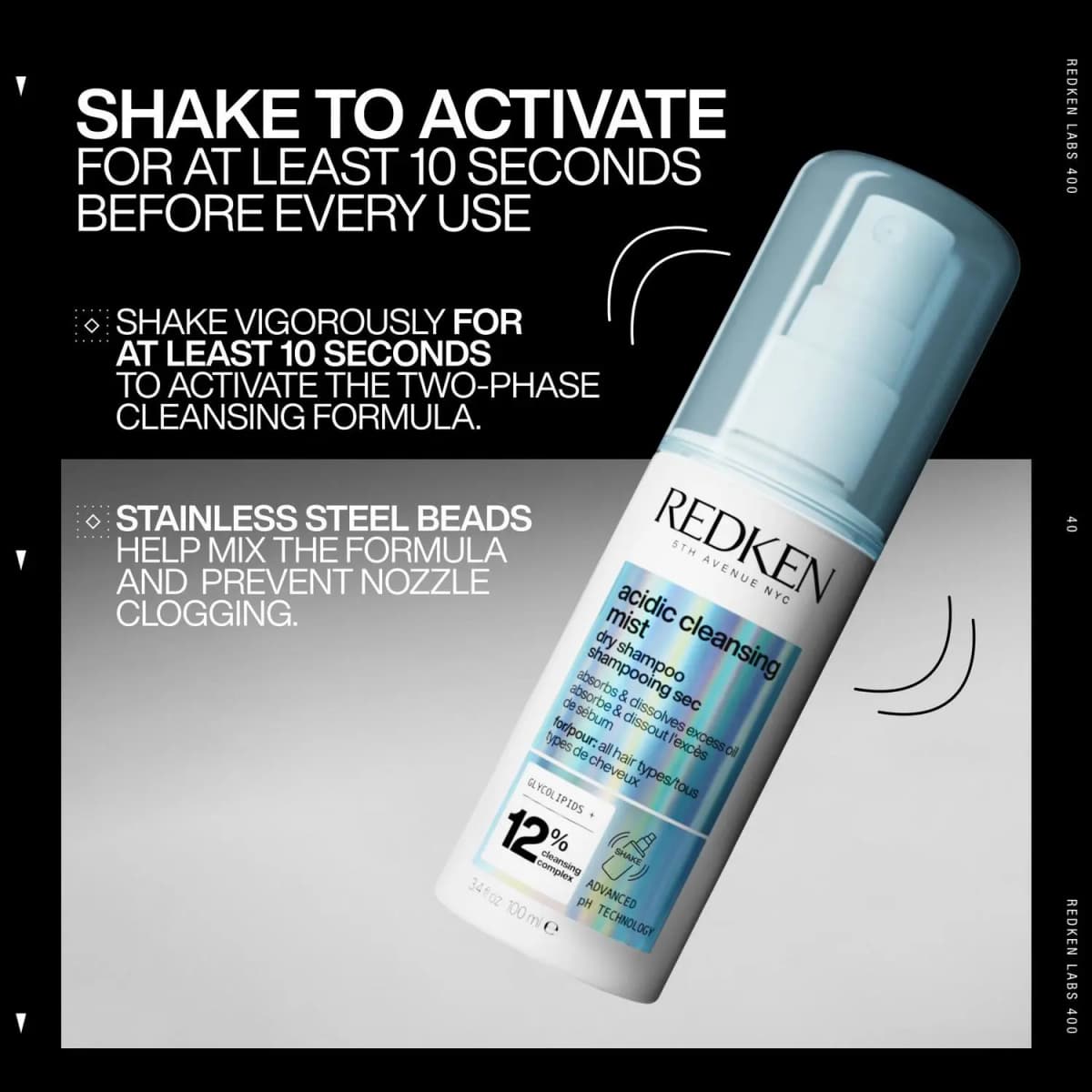 Bottle tilted mid-shake with text on shaking 10 seconds and stainless steel beads that mix the two-phase formula